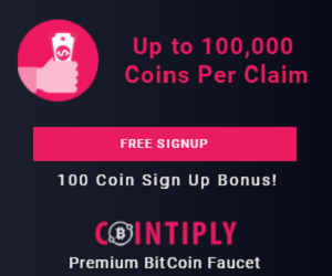 Cointiply free sign up banner offering up to 100,000 coins per claim and a sign-up bonus