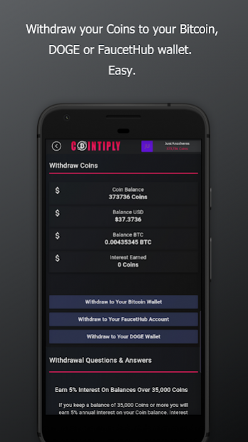 Cointiply withdraw screen showing coin balance, USD value and Bitcoin, FaucetPay and Dogecoin withdrawal options